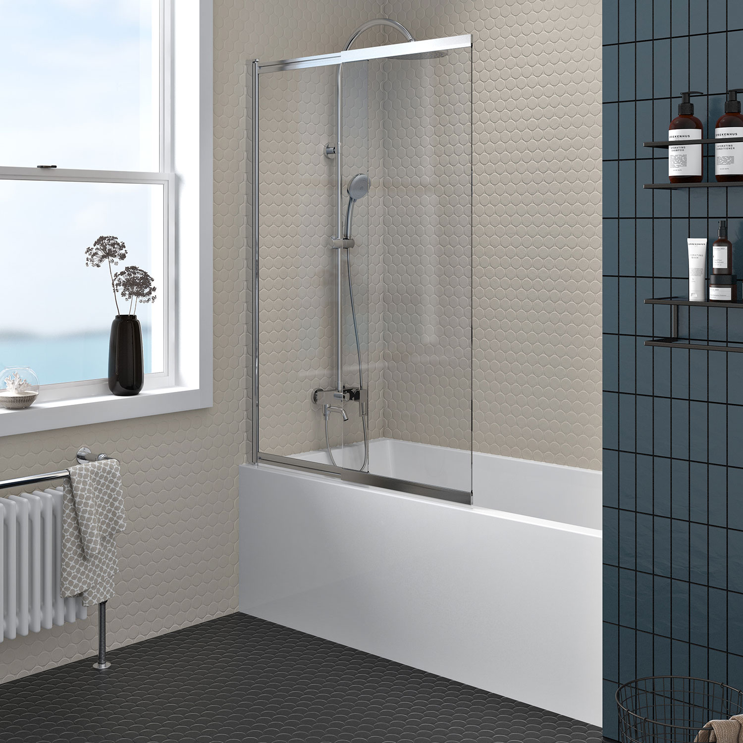 Bathtub screen 40", in alcove, in chrome