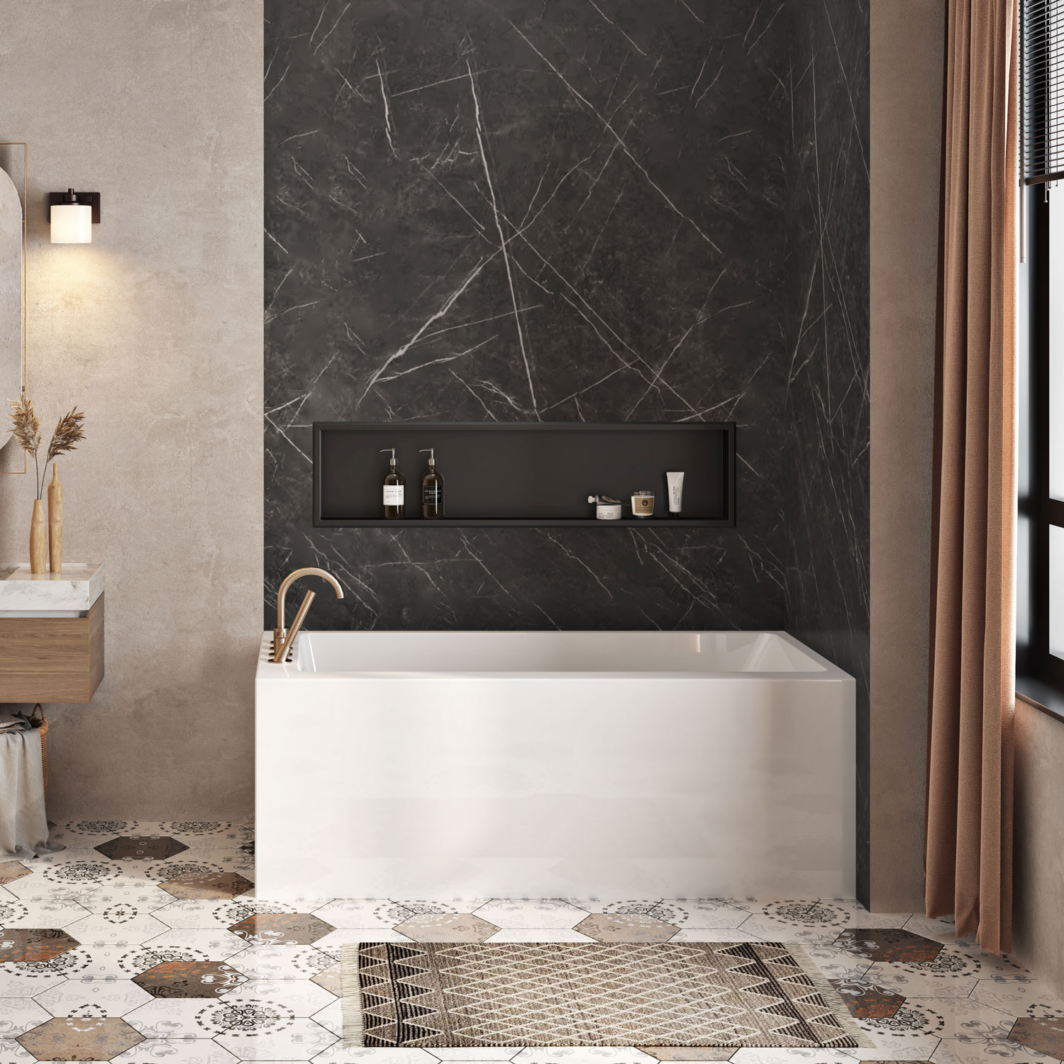 Skirt bathtub in a right corner with left drain, 60" x 32", in glossy white