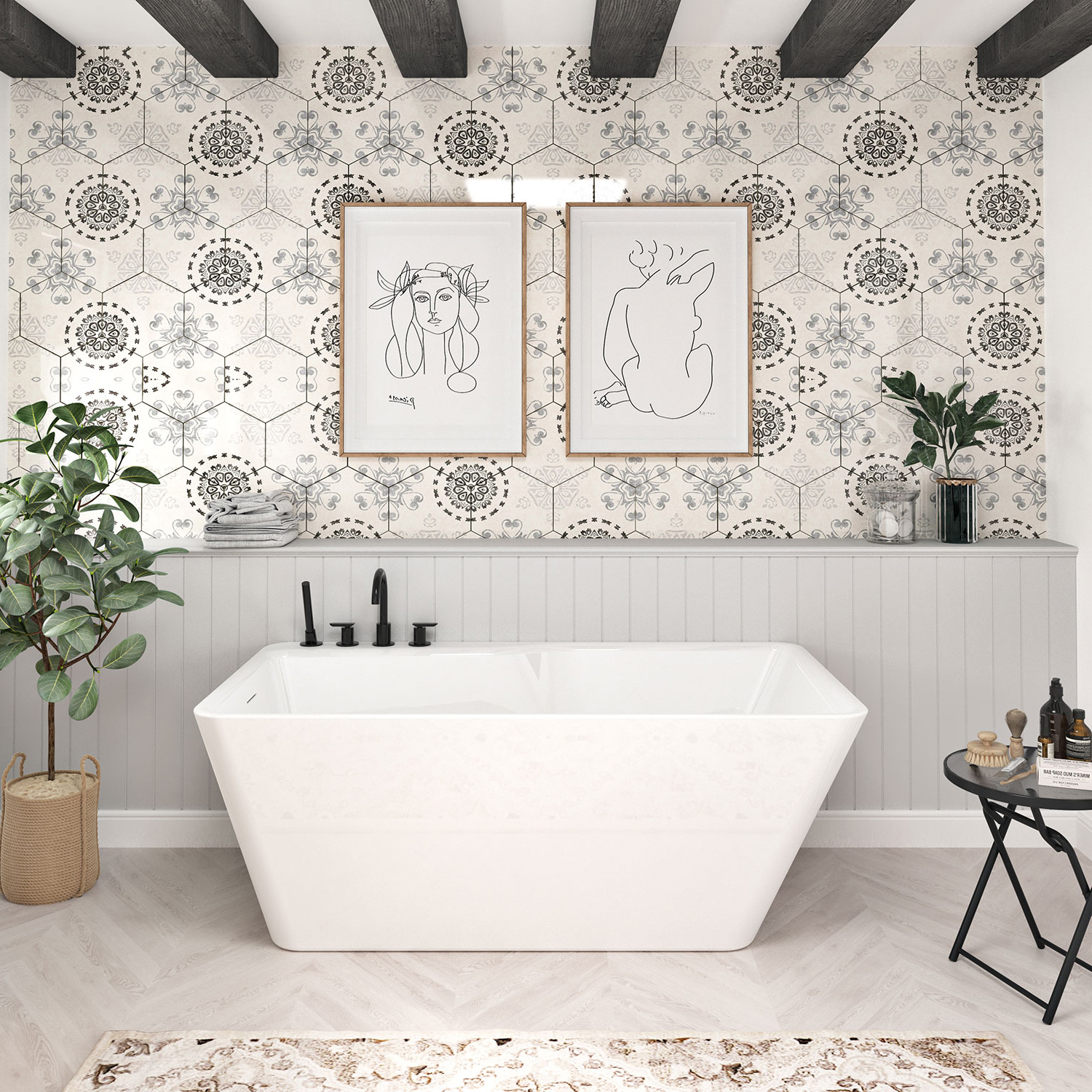 Freestanding bathtub, 60", in glossy white with drain on left, removable apron