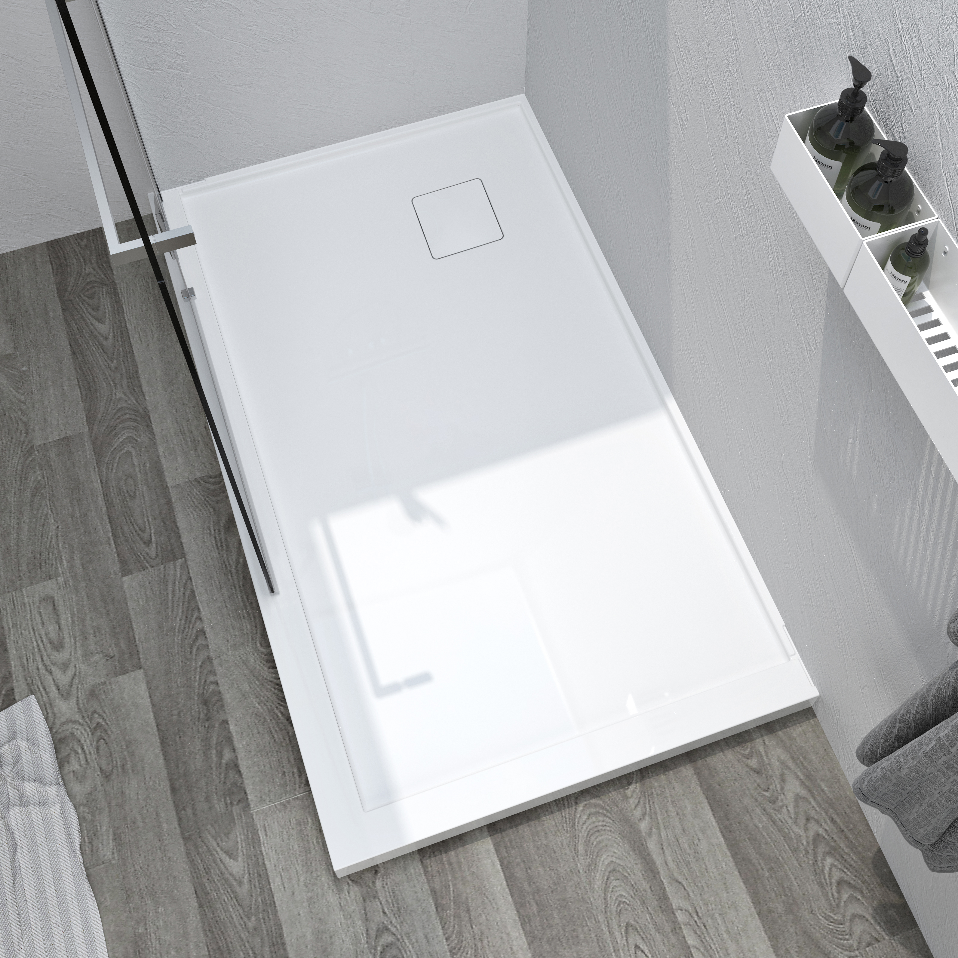 Shower base 48 x 36, in a corner with drain in a corner, wall on the left side, in glossy white