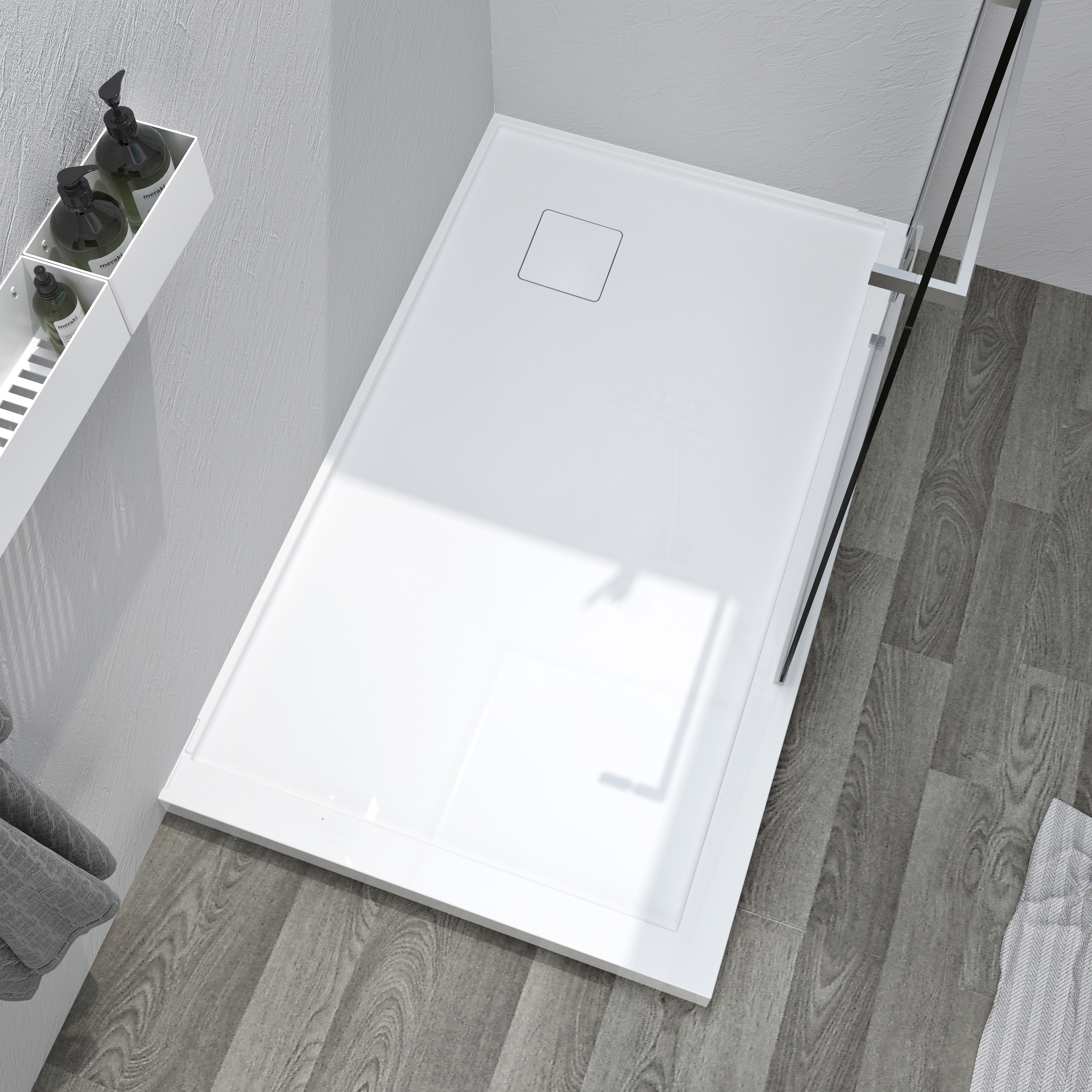 Shower base 48 x 36, in a corner with drain in a corner, wall on the right side, in glossy white