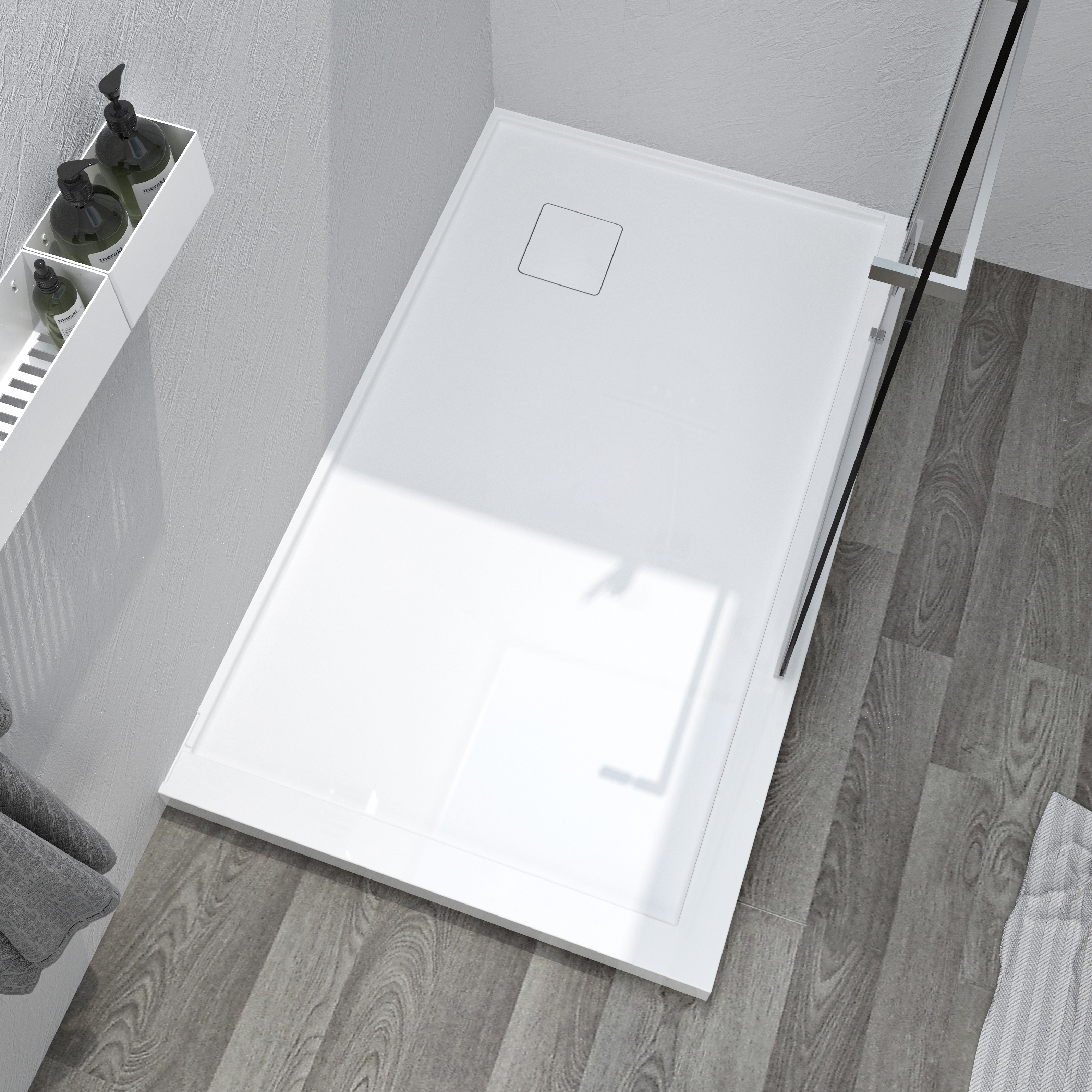 Shower base 60 x 36, in a corner with drain in a corner, wall on the right side, in glossy white
