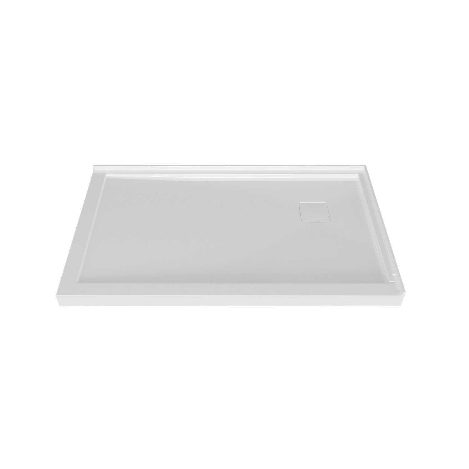 Shower base 60 x 36, in a corner with drain in a corner, wall on the right side, in glossy white