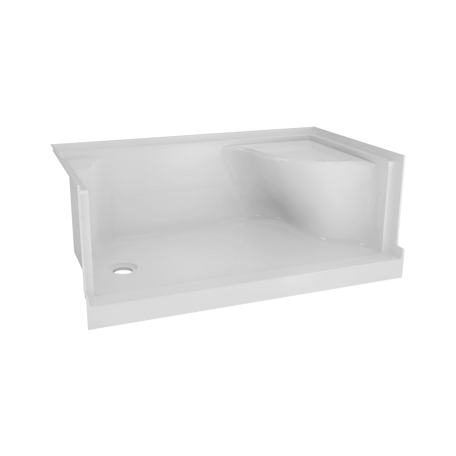 Molded seat shower base, 60" x 32", in alcove with left drain and right seat