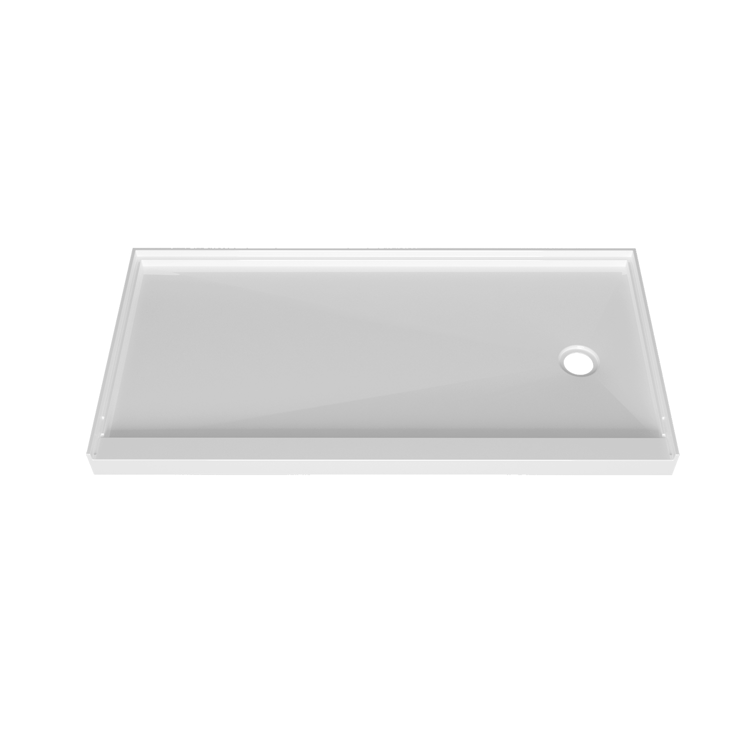 Shower base 60 x 32, in alcove, drain on the right side, in glossy white