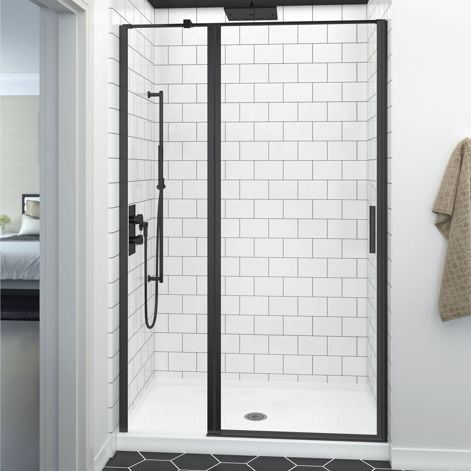 Shower door 48", in alcove, in matte black
