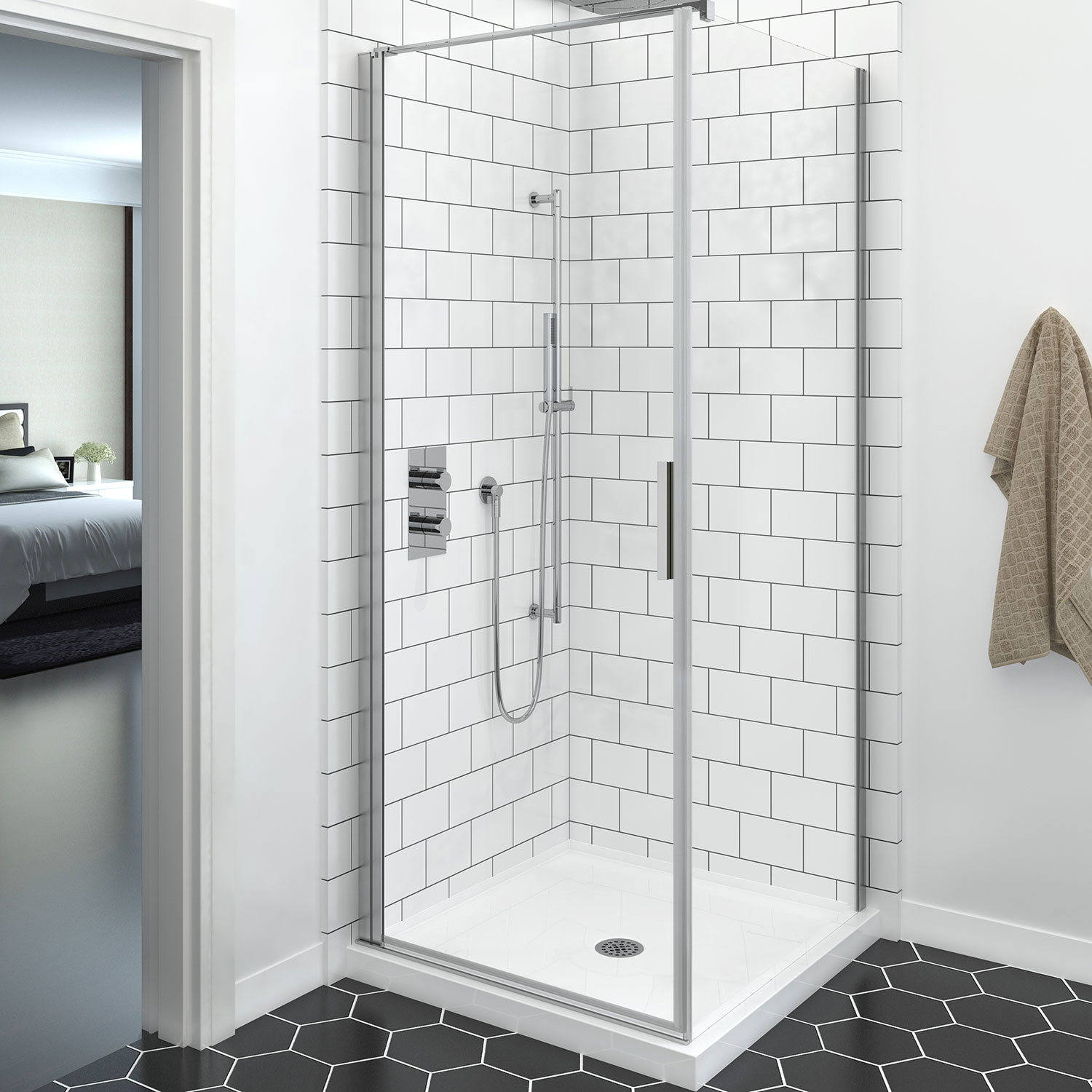 Shower door 32" x 32", in a corner square, wall on the left, in chrome
