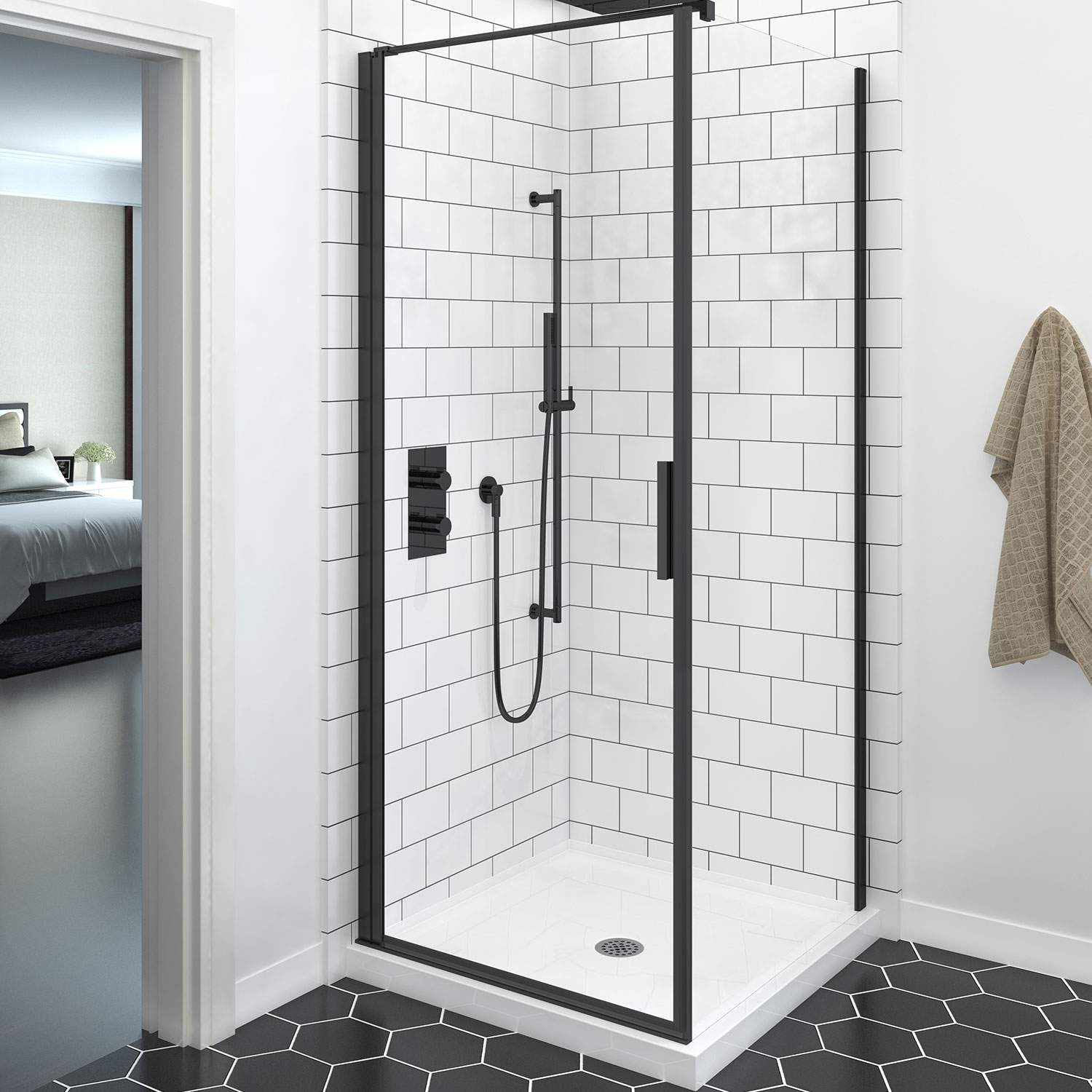Shower door 32" x 32", in a corner square, wall on the left, in matte black