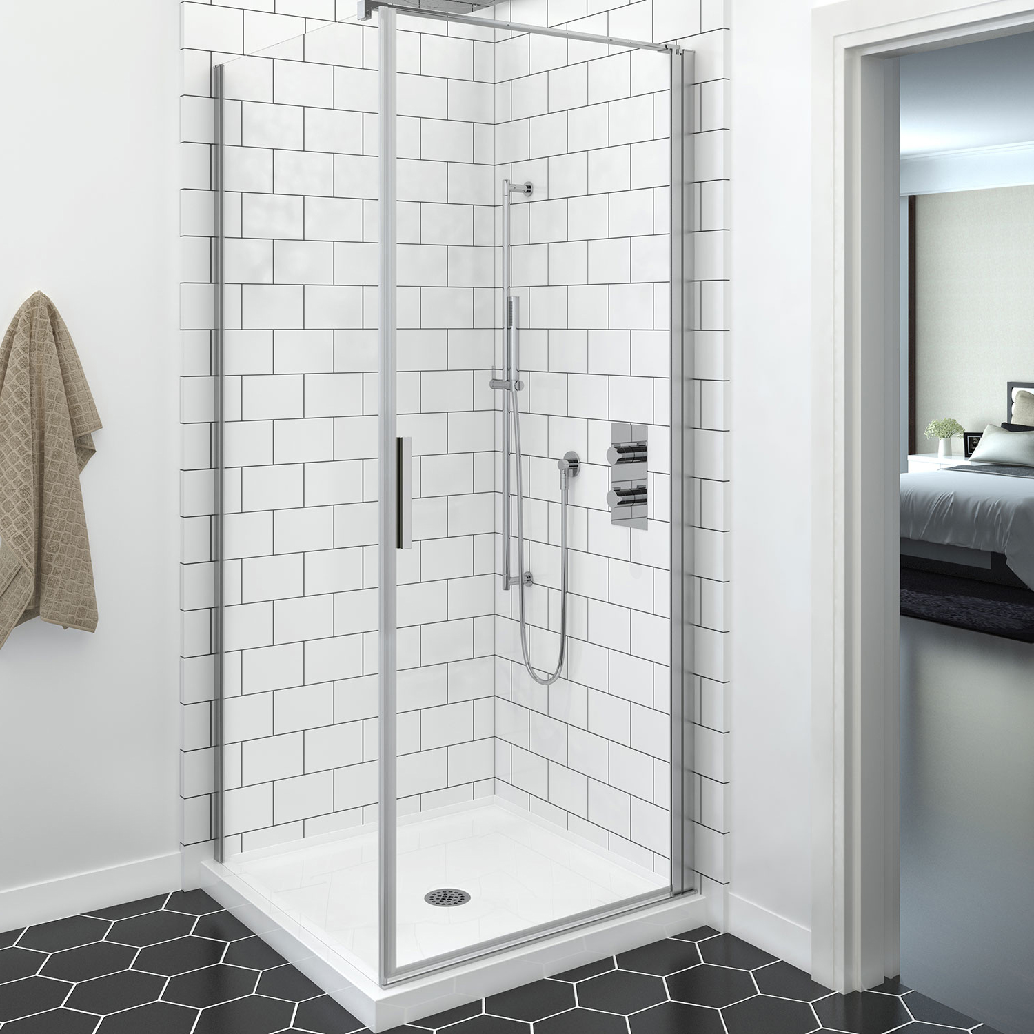 Shower door 36" x 42", in a corner square, wall on the right, in chrome