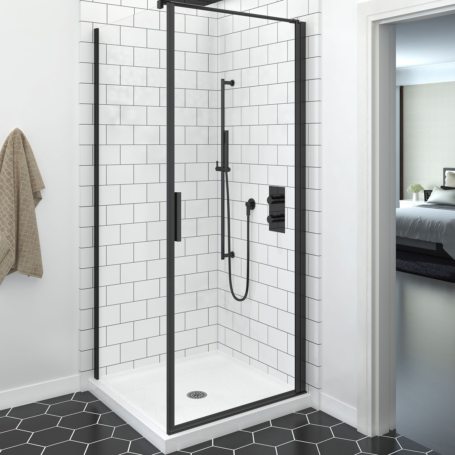 Shower door 36" x 42", in a corner square, wall on the right, in matte black