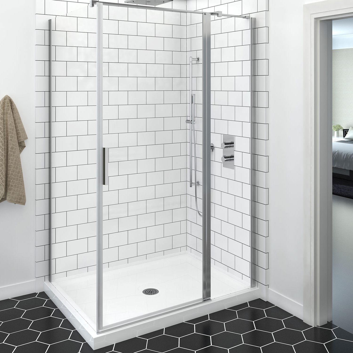 Shower door 48" x 32", in a corner rectangular offset door, wall on the right, in chrome