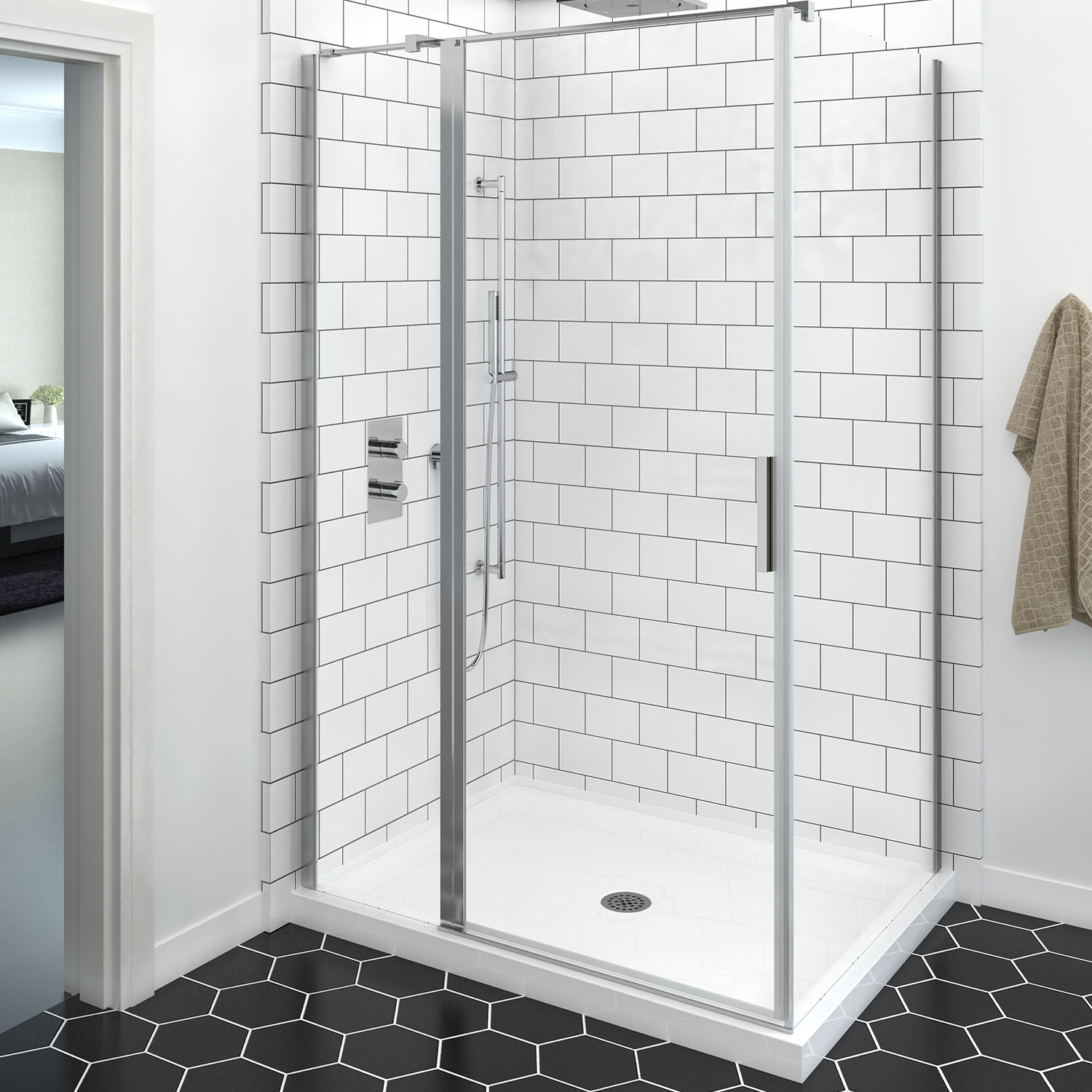 Shower door 60" x 32", in a corner rectangular offset door, wall on the left, in chrome