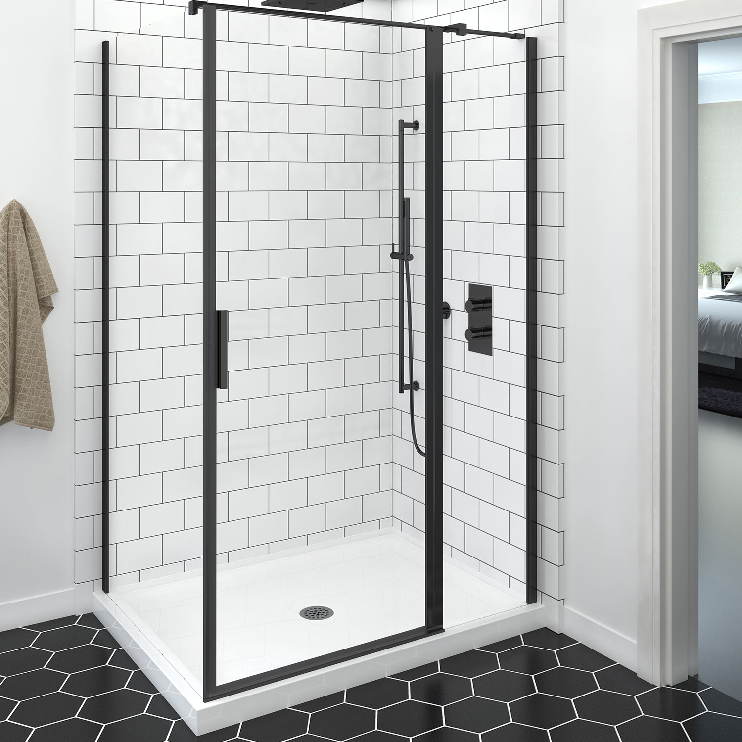Shower door 60" x 32", in a corner rectangular offset door, wall on the right, in matte black