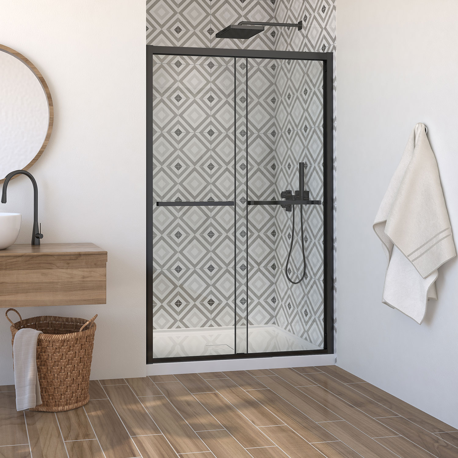 Shower door, 60'' in alcove, bypass-double sliding door, in matte black