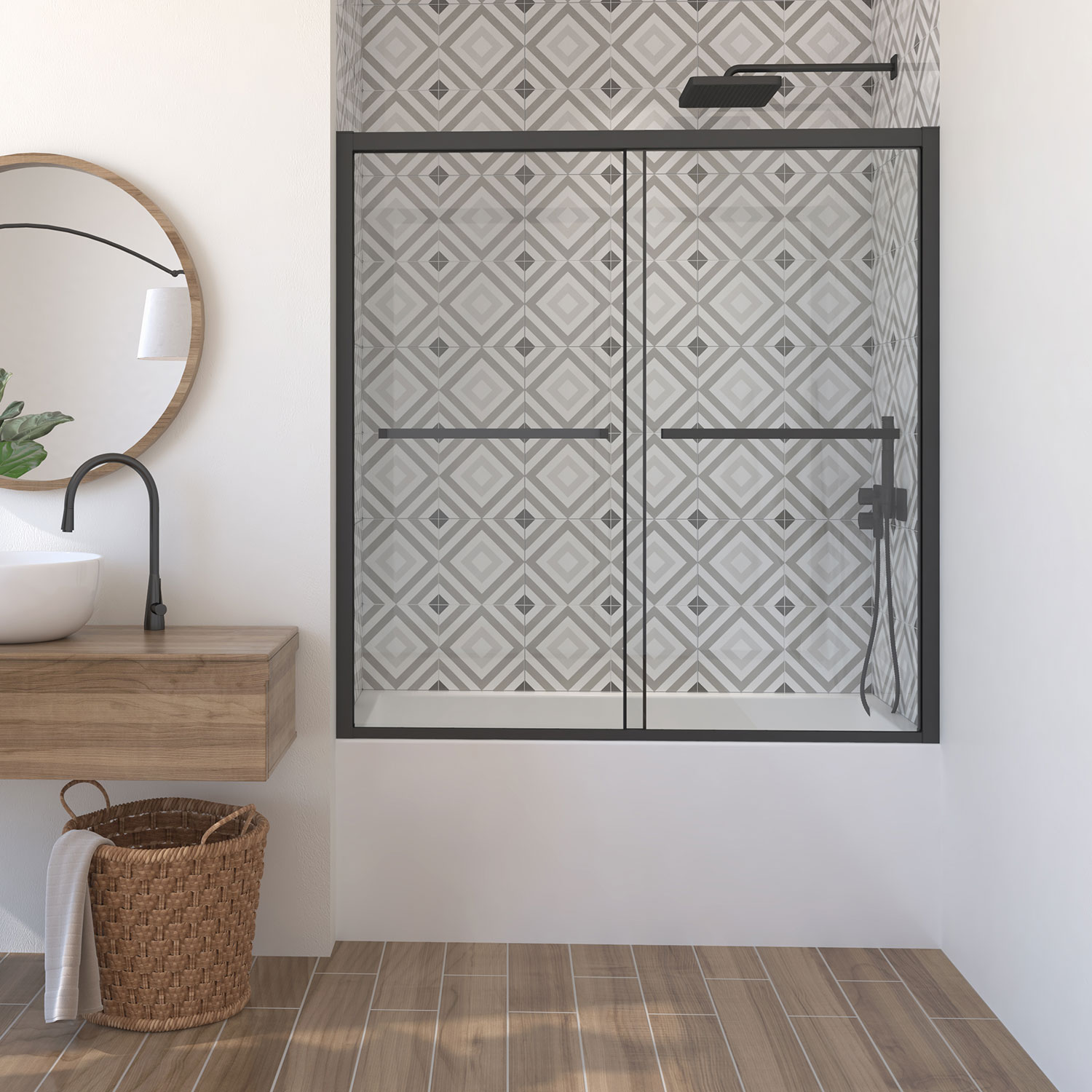 Bathtub door, 60'' in alcove, bypass-double sliding door, in matte black