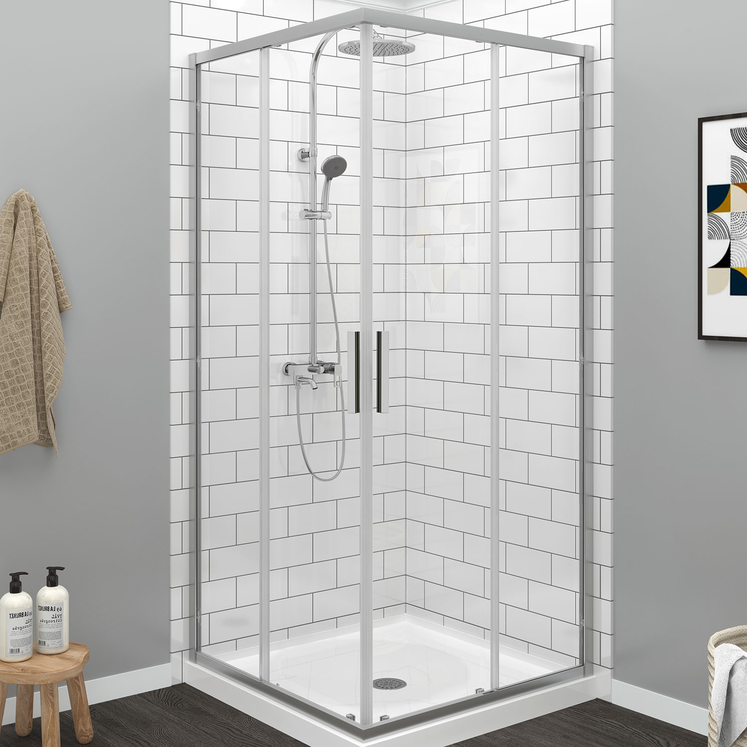 Shower door 36" x 36", corner opening, in chrome
