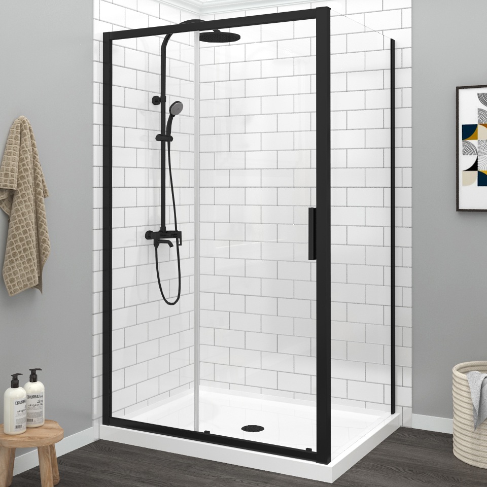 Shower door 48" x 32", in a corner closing on return, wall on the left, in matte black