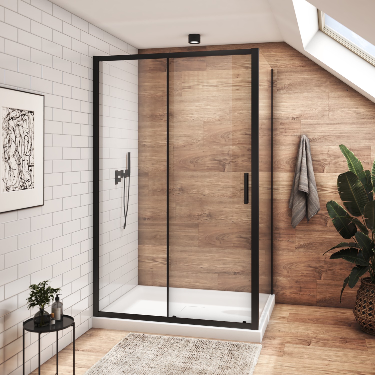 Shower door 48" x 36", in a corner closing on return, wall on the left, in matte black