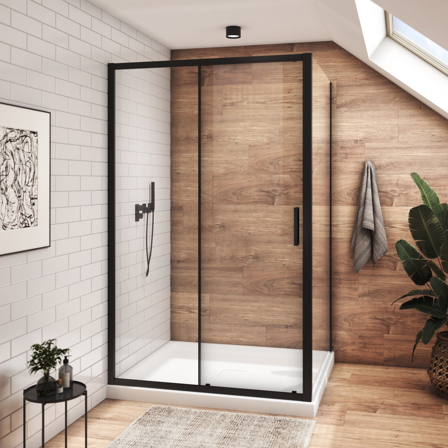 Shower door 48" x 42", in a corner closing on return, wall on the left, in matte black