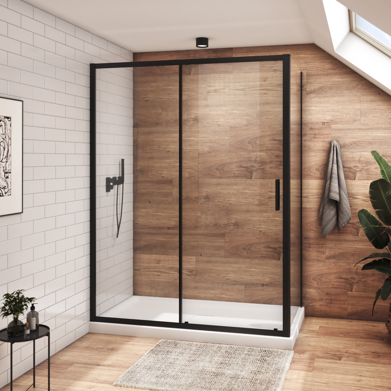 Shower door 60″ x 32″, in a corner closing on return, wall on the left, in matte black
