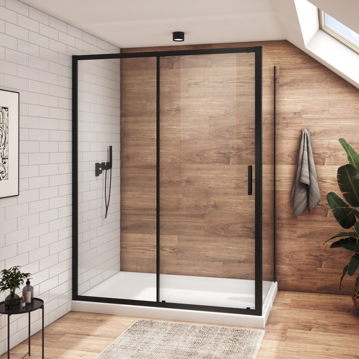 Shower door 60″ x 36″, in a corner closing on return, wall on the left, in matte black