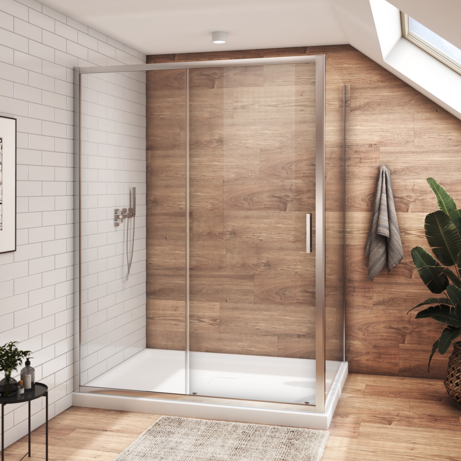Shower door 60" x 42", in a corner closing on return, wall on the left, in chrome