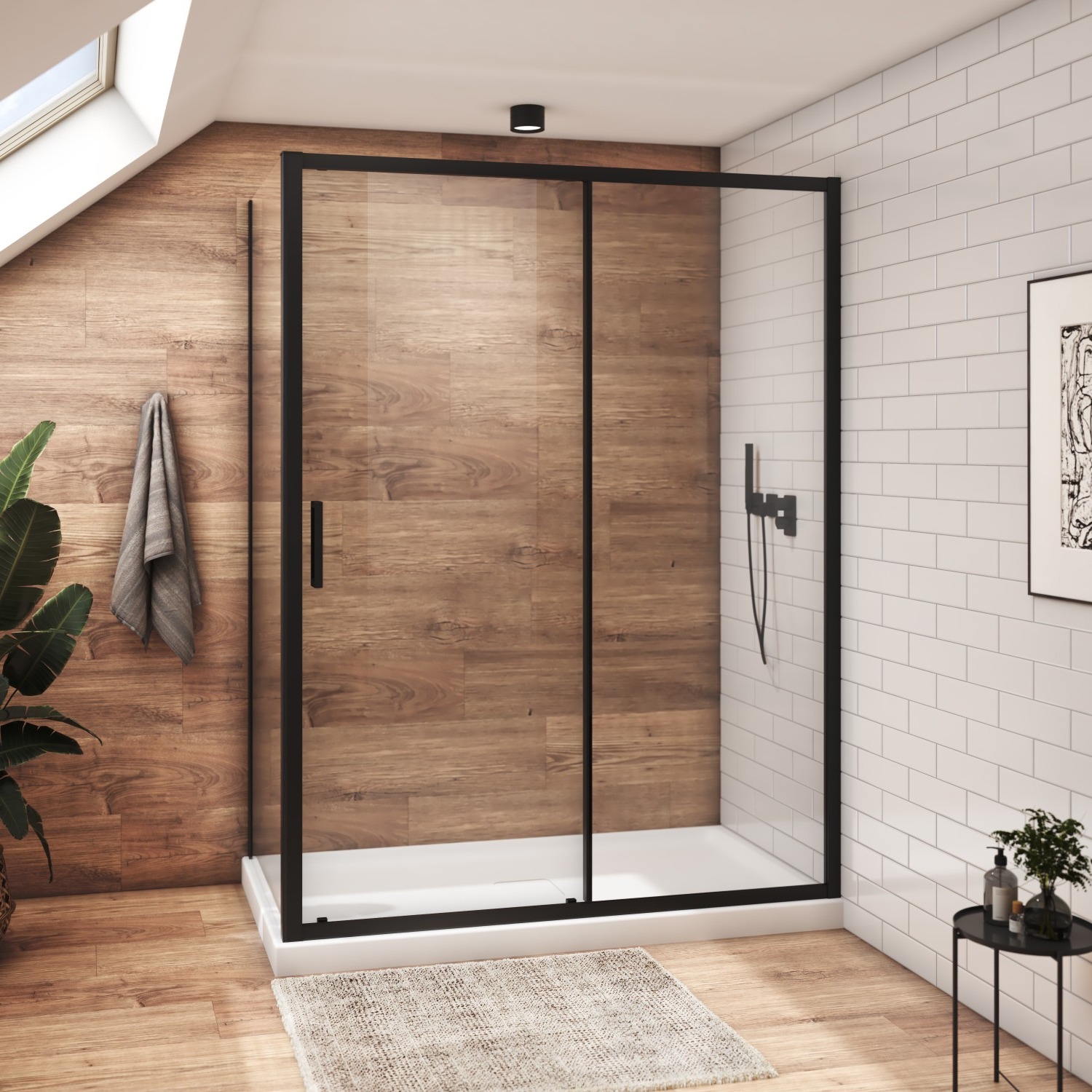 Shower door 60″ x 32″, in a corner closing on return, wall on the right, in matte black