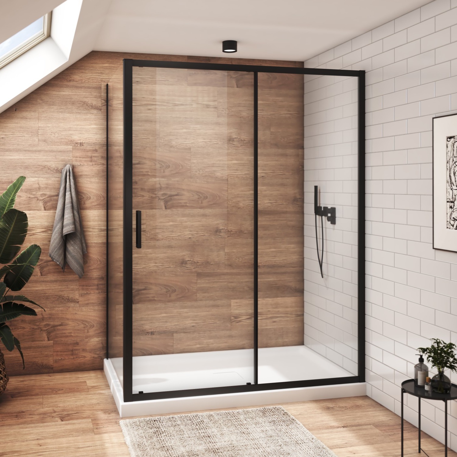 Shower door 60″ x 36″, in a corner closing on return, wall on the right, in matte black