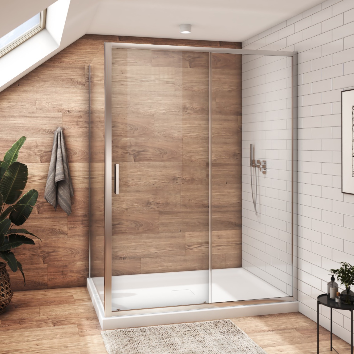 Shower door 60" x 42", in a corner closing on return, wall on the right, in chrome