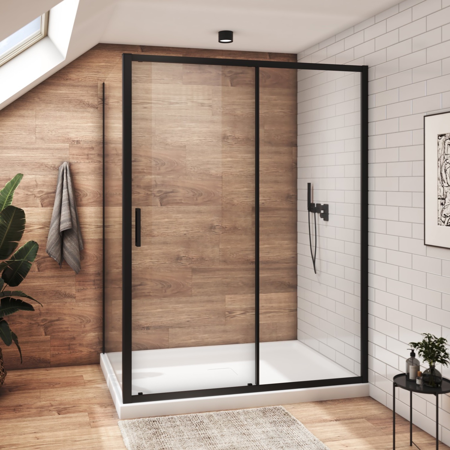 Shower door 60″ x 42″, in a corner closing on return, wall on the right, in matte black
