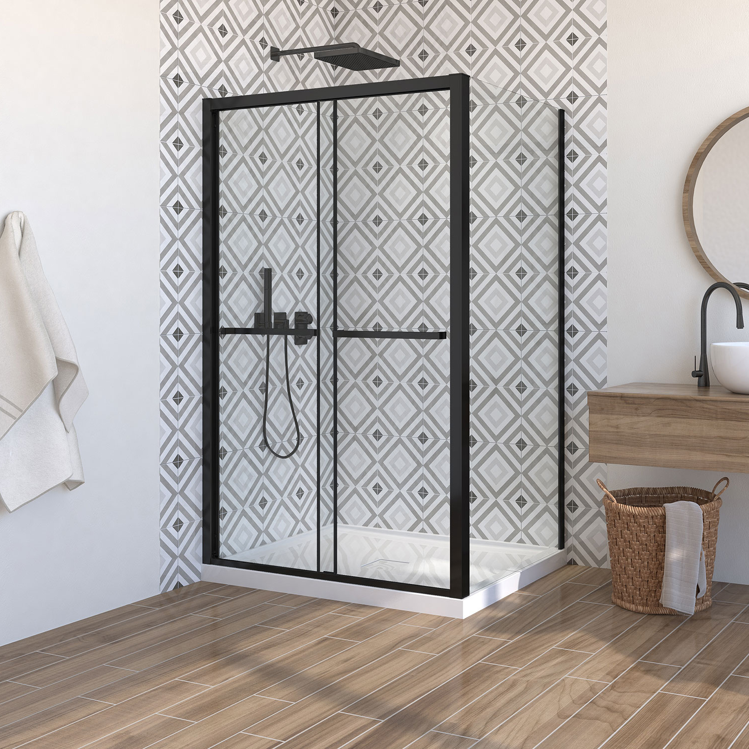 Shower door, 60'' x 36", in a corner, bypass-double sliding door, wall on the left, in matte black