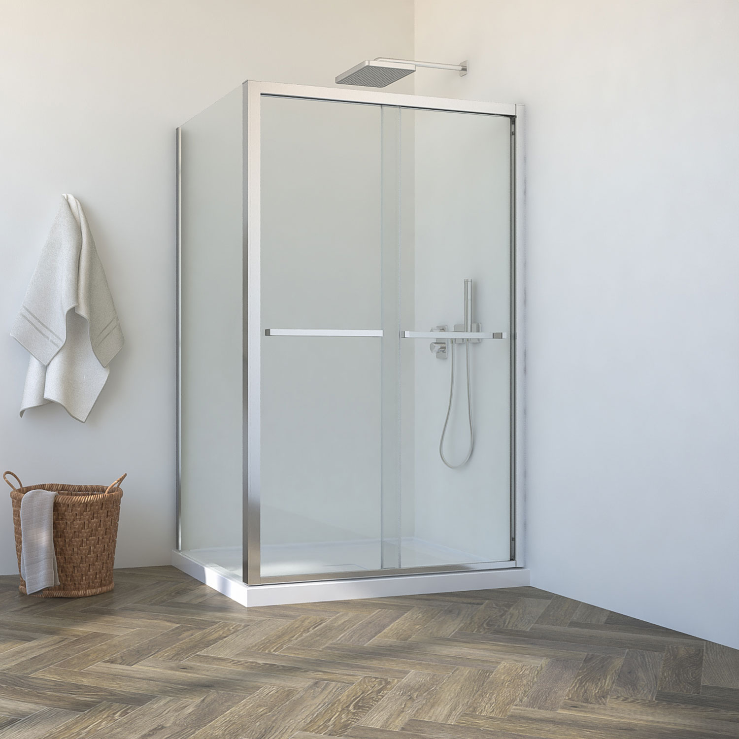 Shower door, 60'' x 36", in a corner, bypass-double sliding door, wall on the right, in chrome