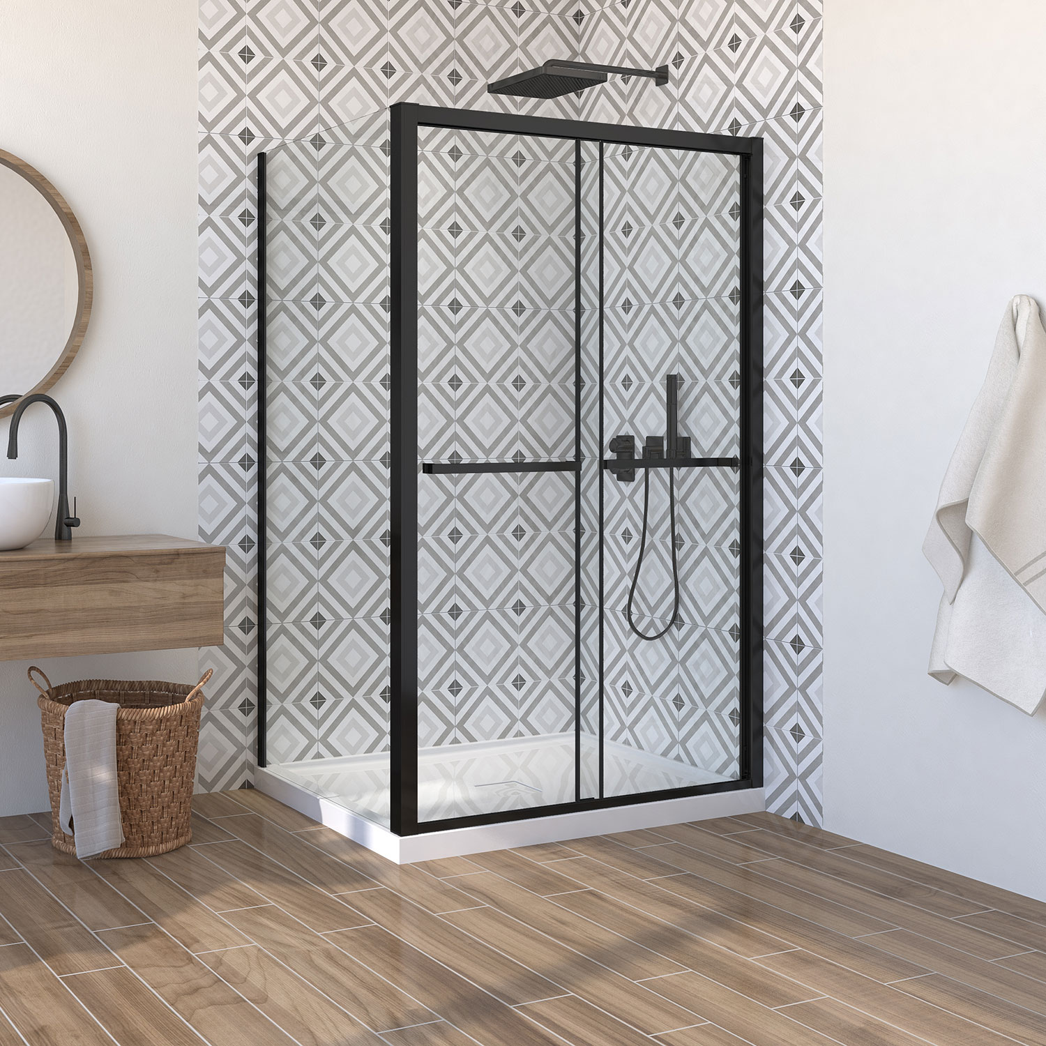 Shower door, 60'' x 36", in a corner, bypass-double sliding door, wall on the right, in matte black