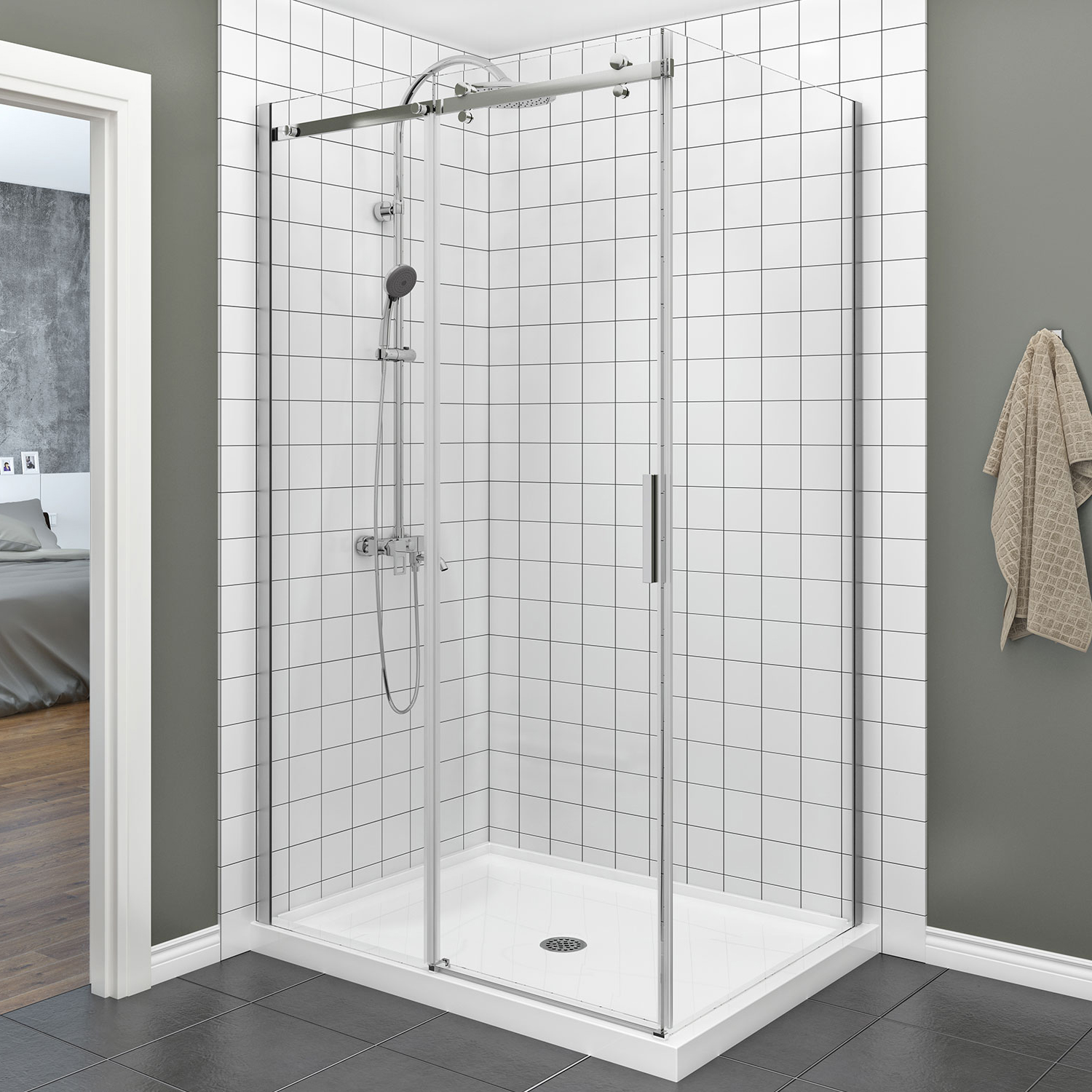 Shower door 48" x 42", in a corner closing on return, wall on the left, in chrome