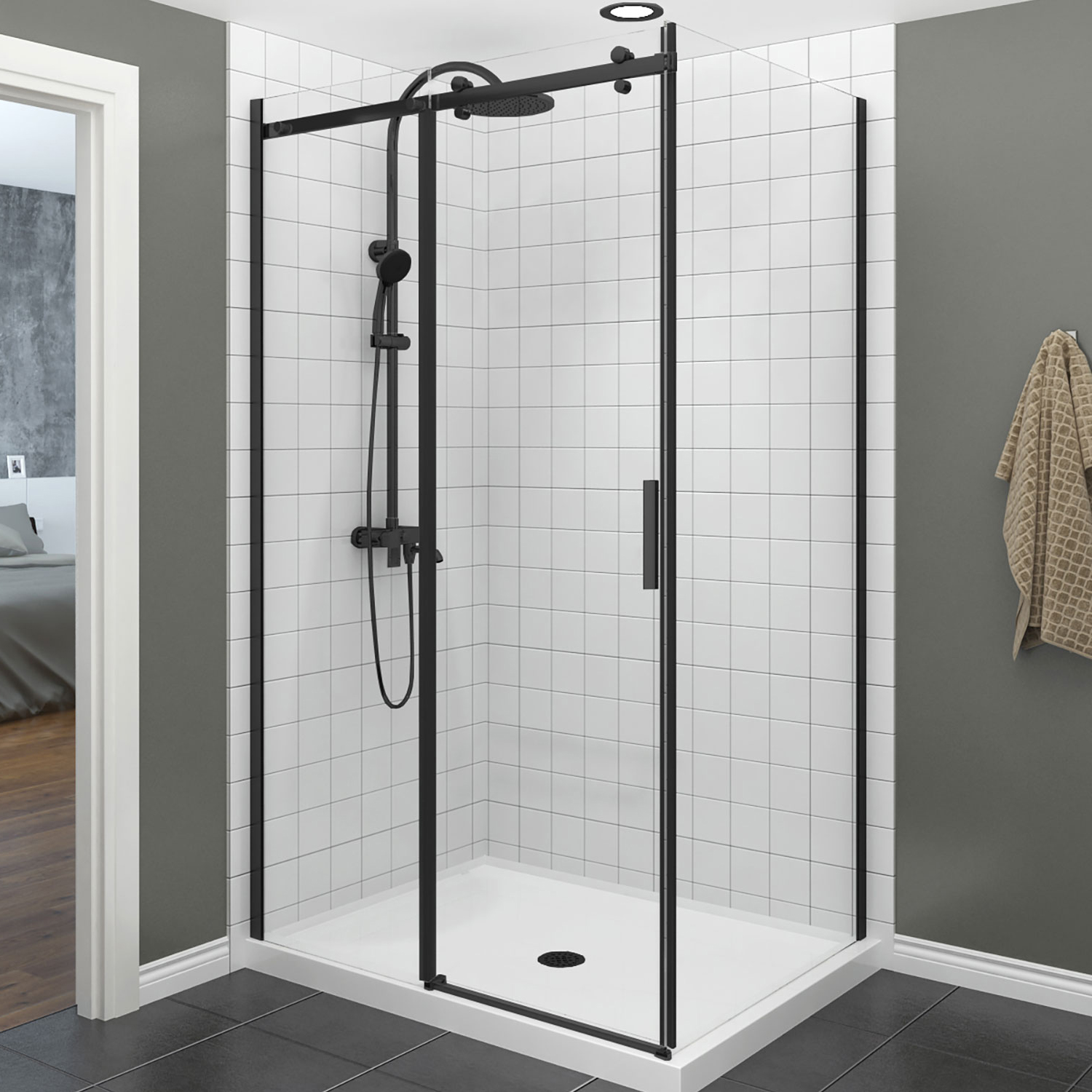 Shower door 48" x 42", in a corner closing on return, wall on the left, in matte black