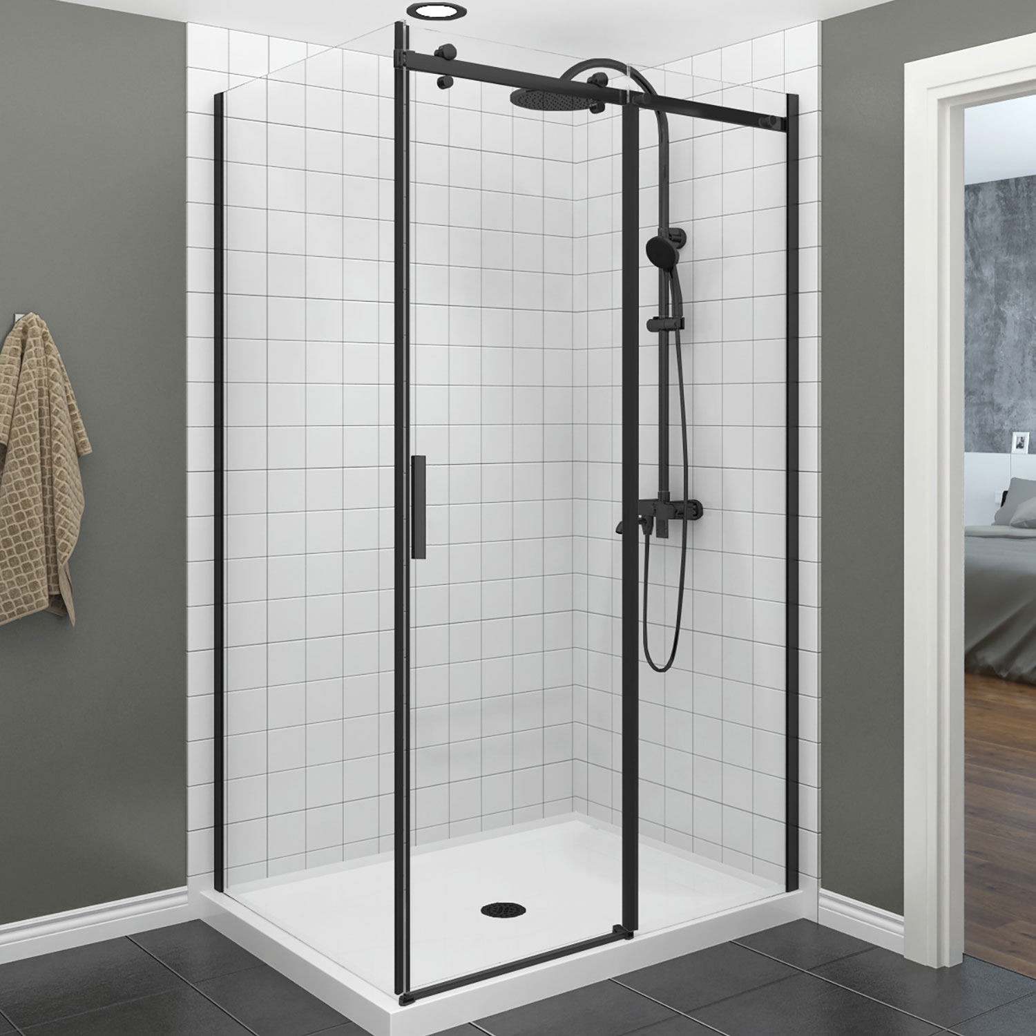 Shower door 48" x 32", in a corner closing on return, wall on the right, in matte black