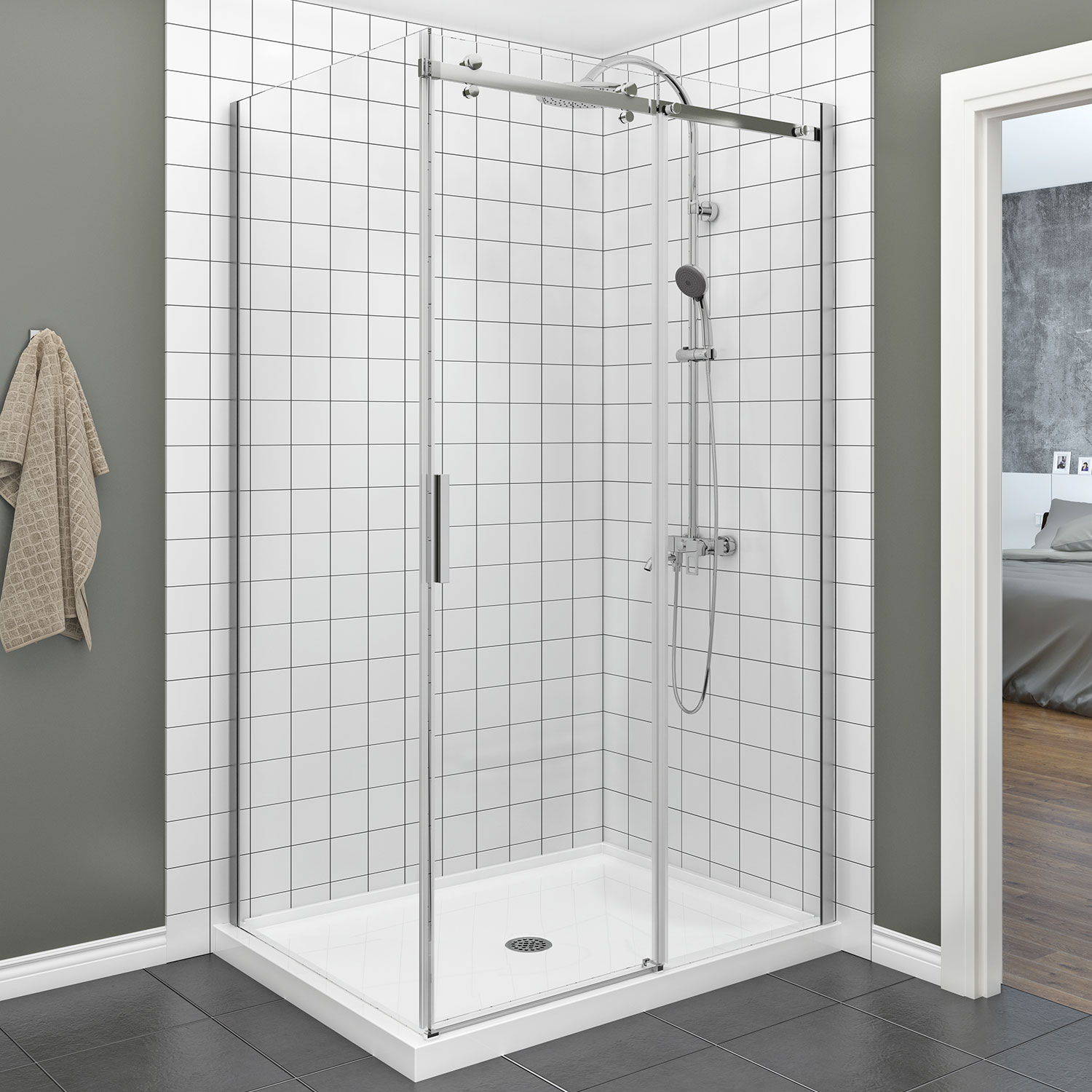 Shower door 60" x 32", in a corner closing on return, wall on the right, in chrome