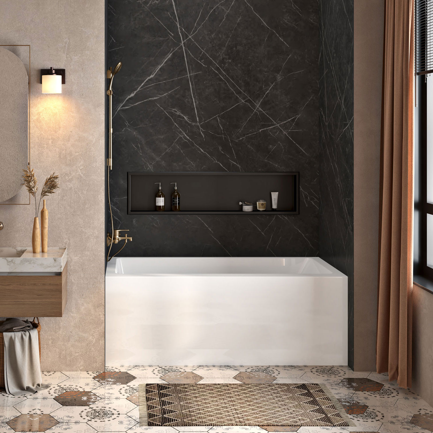 Baignoire à jupe en alcôve 60" x 32" en blanc lustré avec drain à gauche
