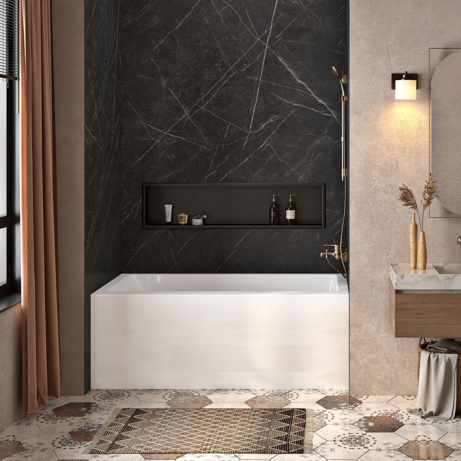 Baignoire à jupe en alcôve 60" x 32" en blanc lustré avec drain à droite
