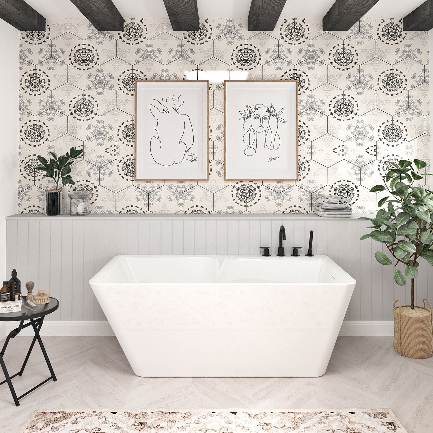 Baignoire autoportante, 60", en blanc lustré avec drain à droite et tablier amovible
