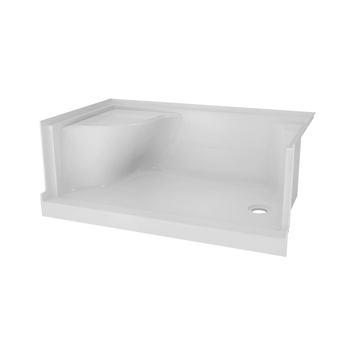 Base de douche avec banc moulé, 60" x 32", en alcôve avec drain à droite et banc à gauche