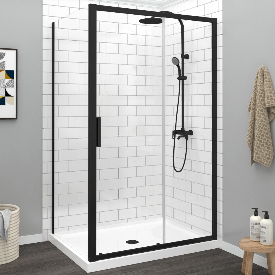 Porte de douche 48" x 32", en coin fermeture sur retour, mur à droite, noir mat