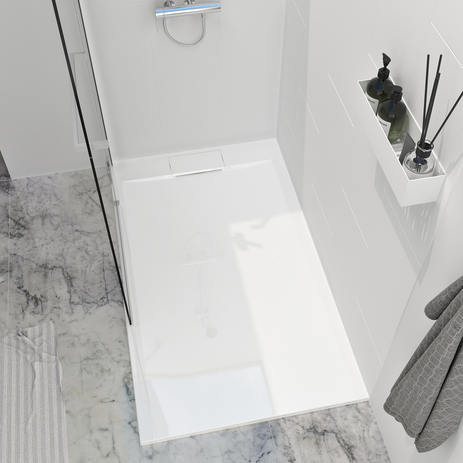Shower base Liss 48 x 32, in alcove, drain on the left, in glossy white