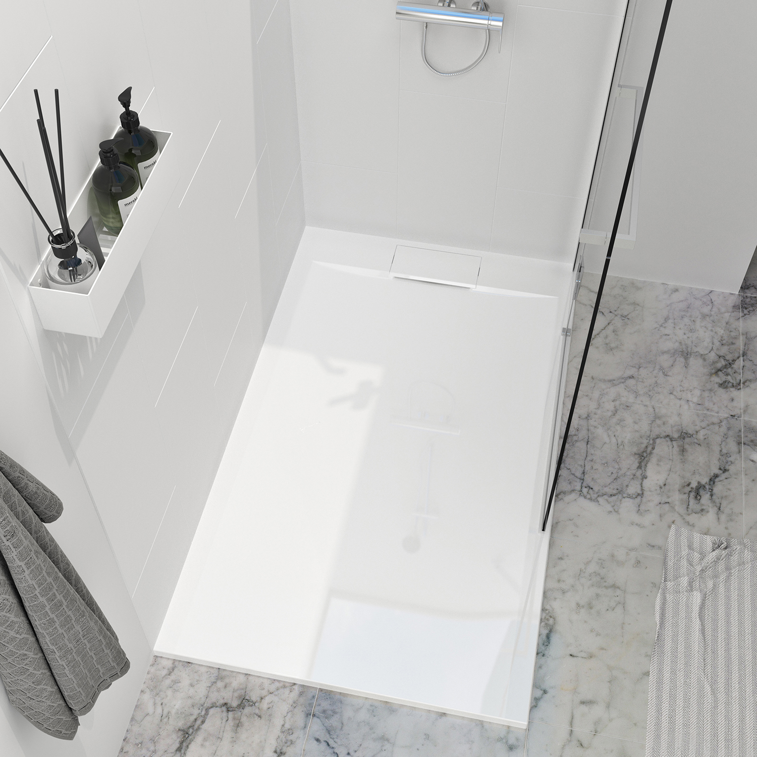 Shower base Liss 48 x 32, in a corner, wall on the right side, drain on the right side, in glossy white