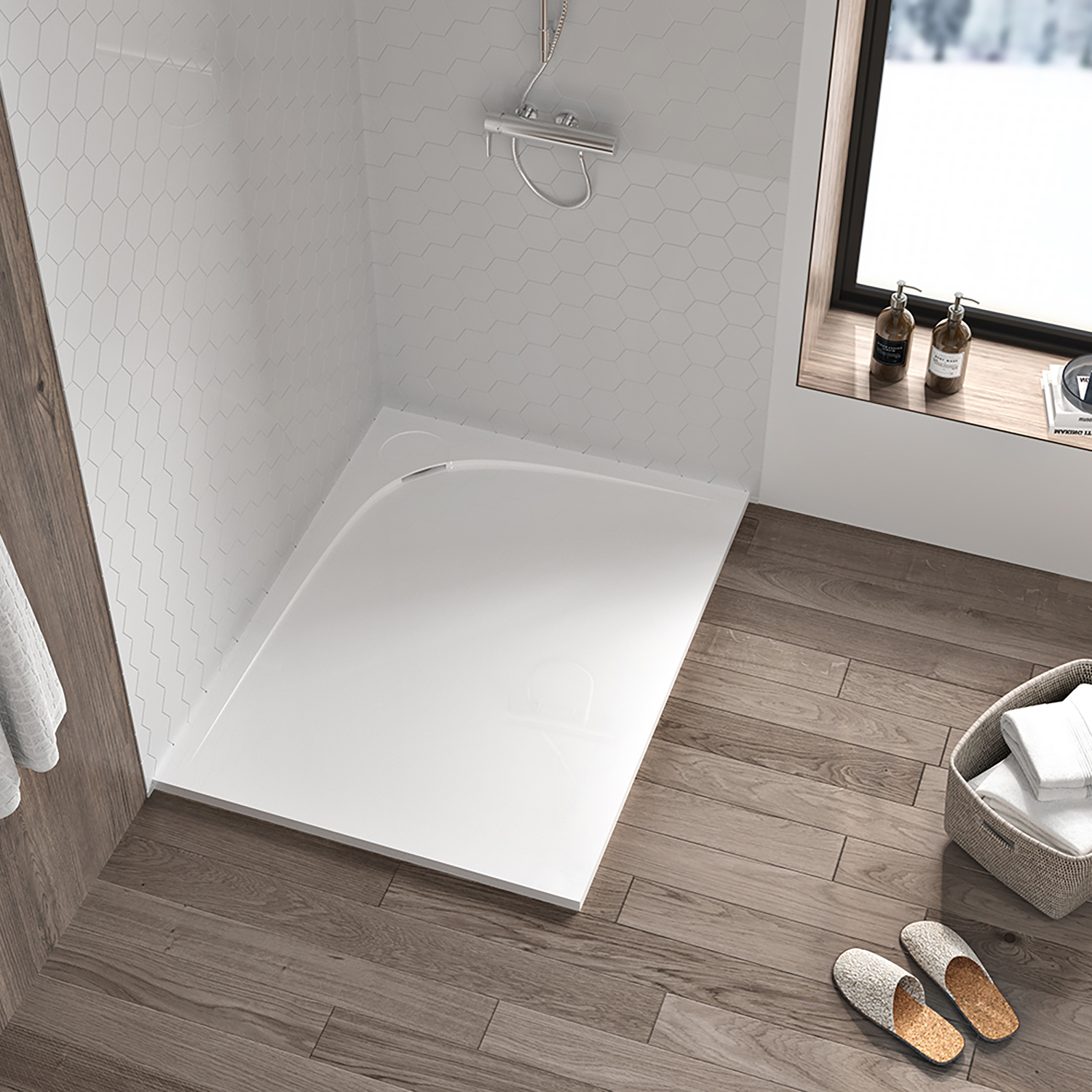 Shower base Moon 48 x 32, custom-made tile flange installation, in glossy white