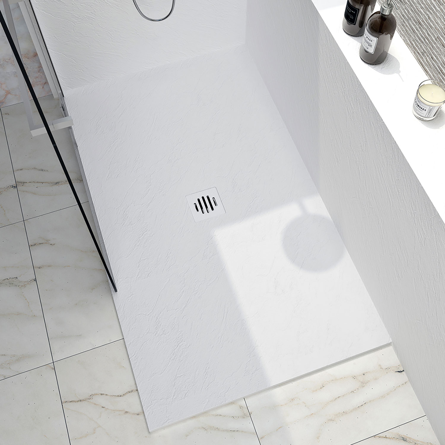 Shower base Slate 36 x 36, custom-made tile flange installation, in white
