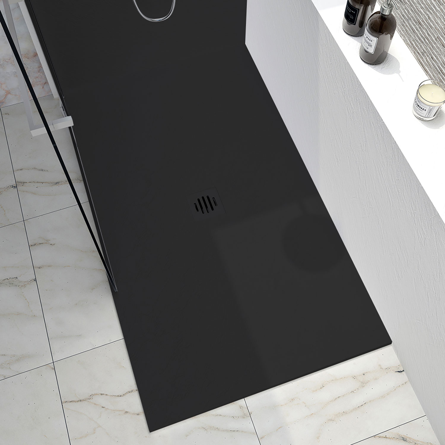 Shower base Slate 36 x 36, in a corner, wall on the left side, in black