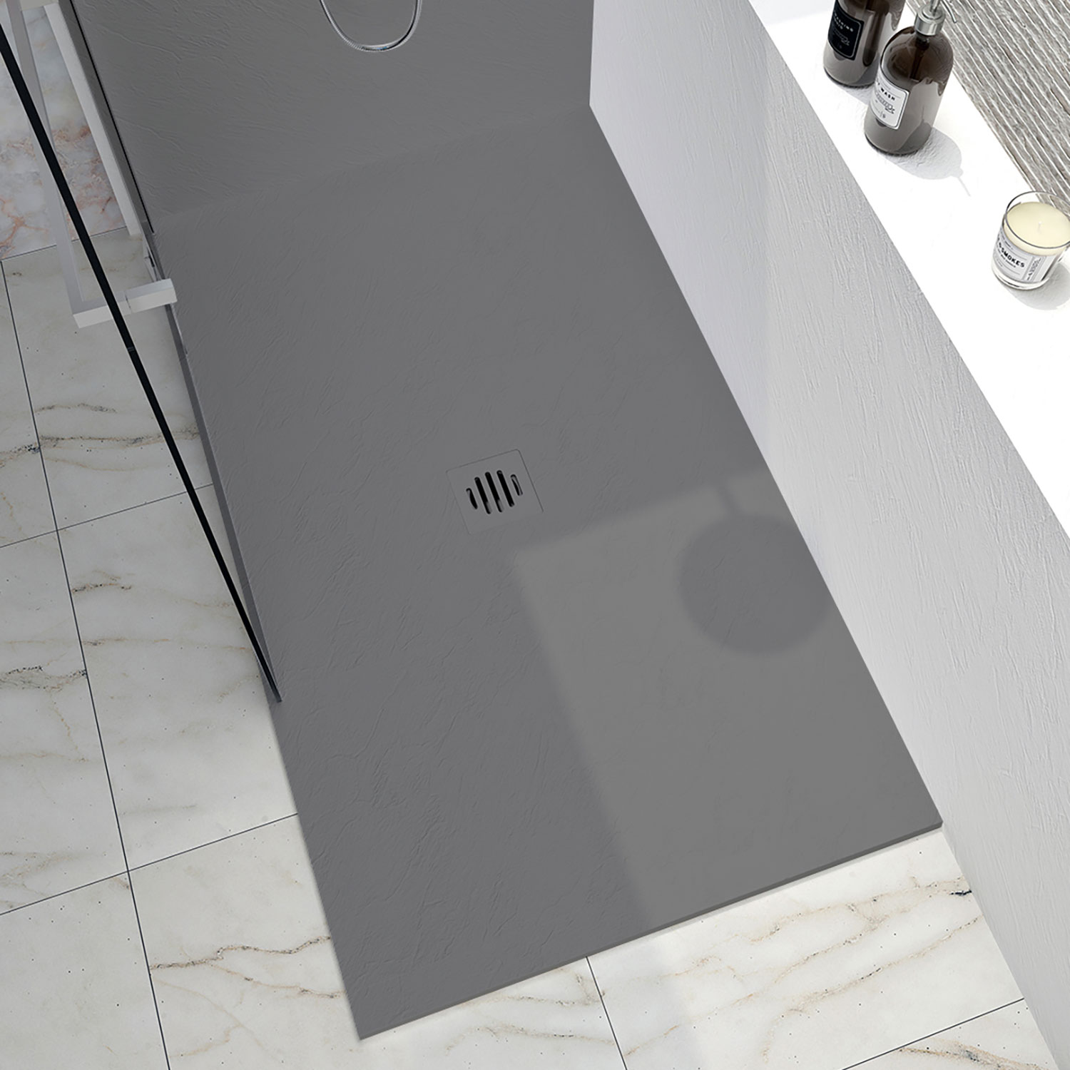 Shower base Slate 48 x 42, in a corner, wall on the left side, in concrete grey