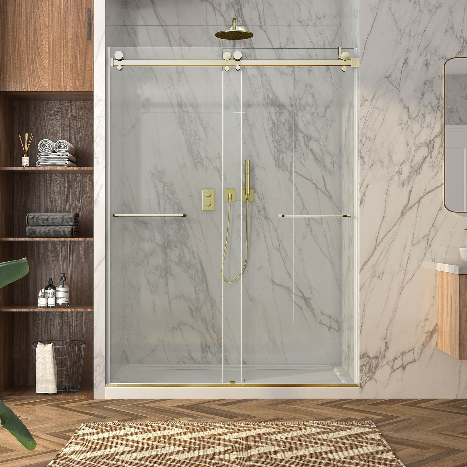 Bellini 2.0 shower door, 60'' Alcove , bypass-double sliding door , in brushed gold